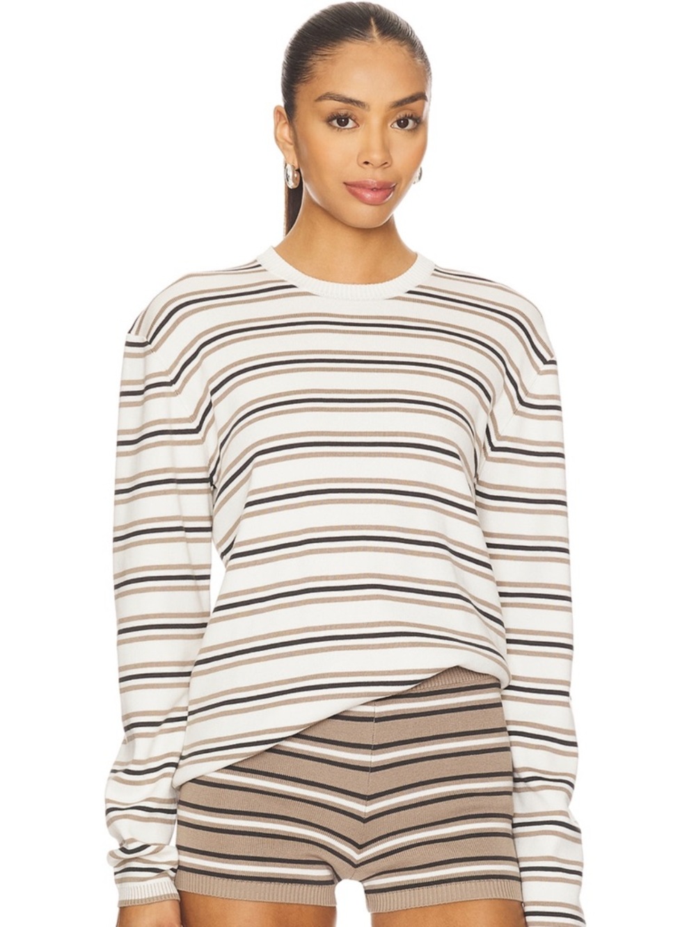 Crewneck Striped Long-Sleeve Top in Cream and Brown